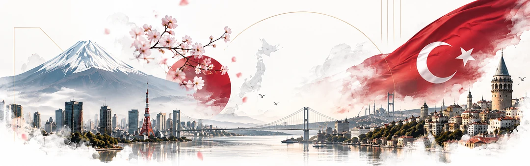 Tokyo ve İstanbul: Fuji Dağı, Tokyo Kulesi, Boğaz Köprüsü, Galata Kulesi, Türk bayrağı ve kiraz çiçekleri
